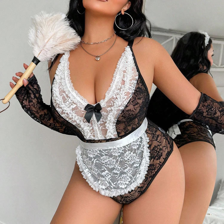 Plus Size Black Lace Bodysuit with White Trim