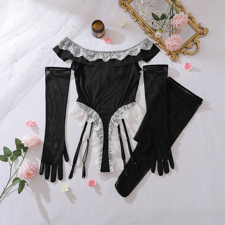Black Lace Trim Teddy with Garters and Sheer Gloves