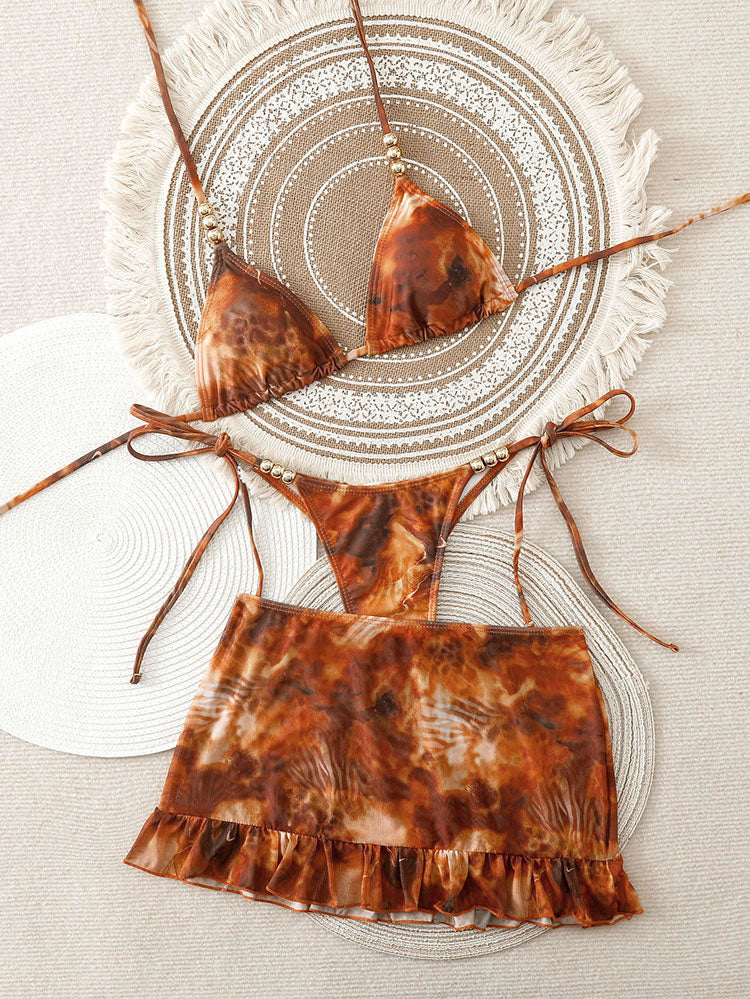 Brown Tie-Dye Halter Bikini with Ruffle Mini Skirt