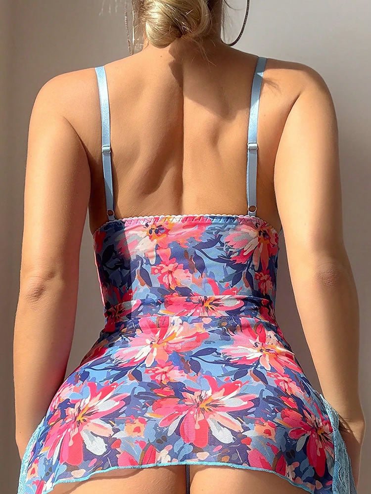 Vibrant Floral Lingerie Dress with Lace Trim - Late Night Lingerie