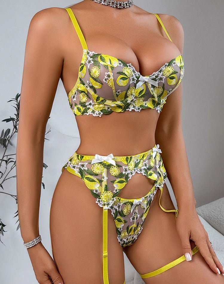 Vibrant Lemon Print Lingerie Set with Sheer Fabric - Late Night Lingerie