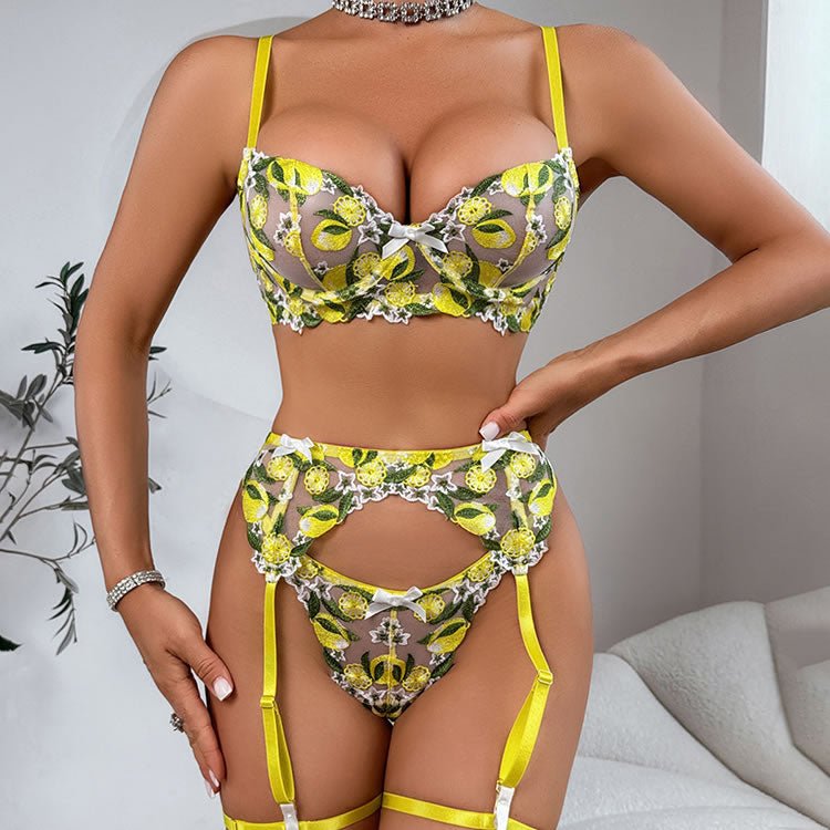 Vibrant Lemon Print Lingerie Set with Sheer Fabric - Late Night Lingerie