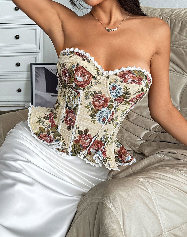 Vintage Floral Bustier with Lace Trim - Late Night Lingerie