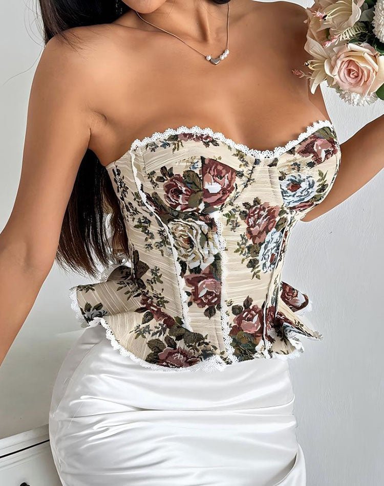 Vintage Floral Bustier with Lace Trim - Late Night Lingerie