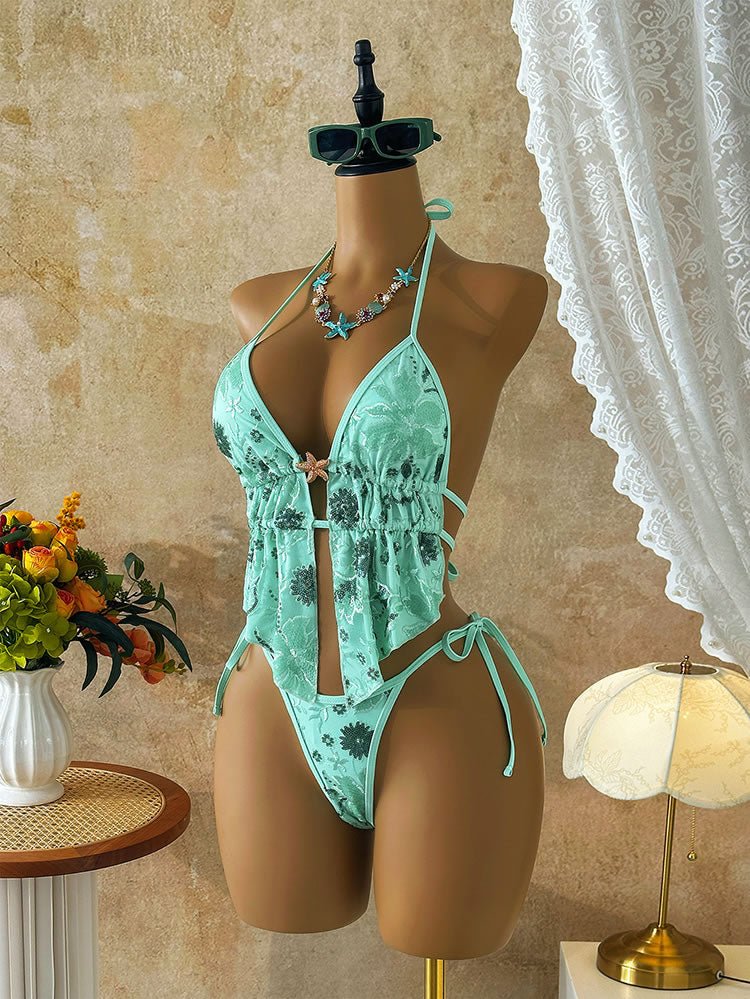 Vintage Style Floral Print Bikini with Ruffle Top - Late Night Lingerie