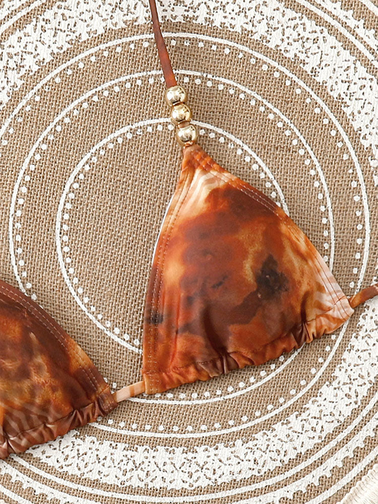 Brown Tie-Dye Halter Bikini with Ruffle Mini Skirt