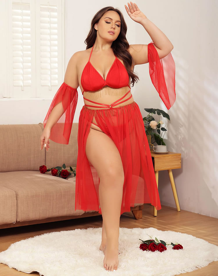 Plus Size Fluttering Mesh Bra and Skirt Set