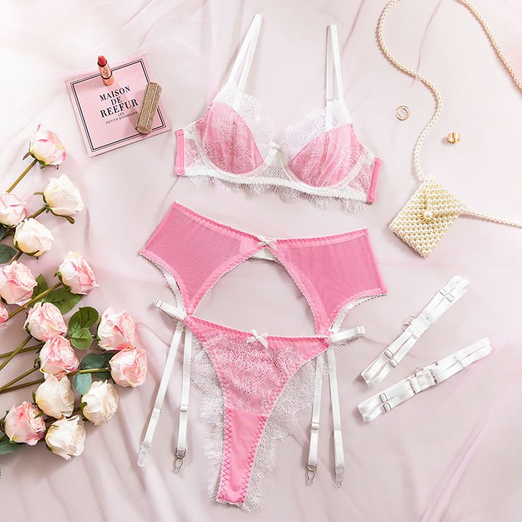 White and Pink Floral Lace Lingerie Set with Thigh Straps - Late Night Lingerie