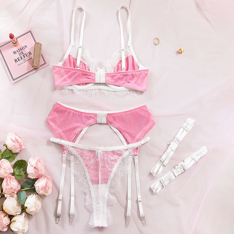 White and Pink Floral Lace Lingerie Set with Thigh Straps - Late Night Lingerie