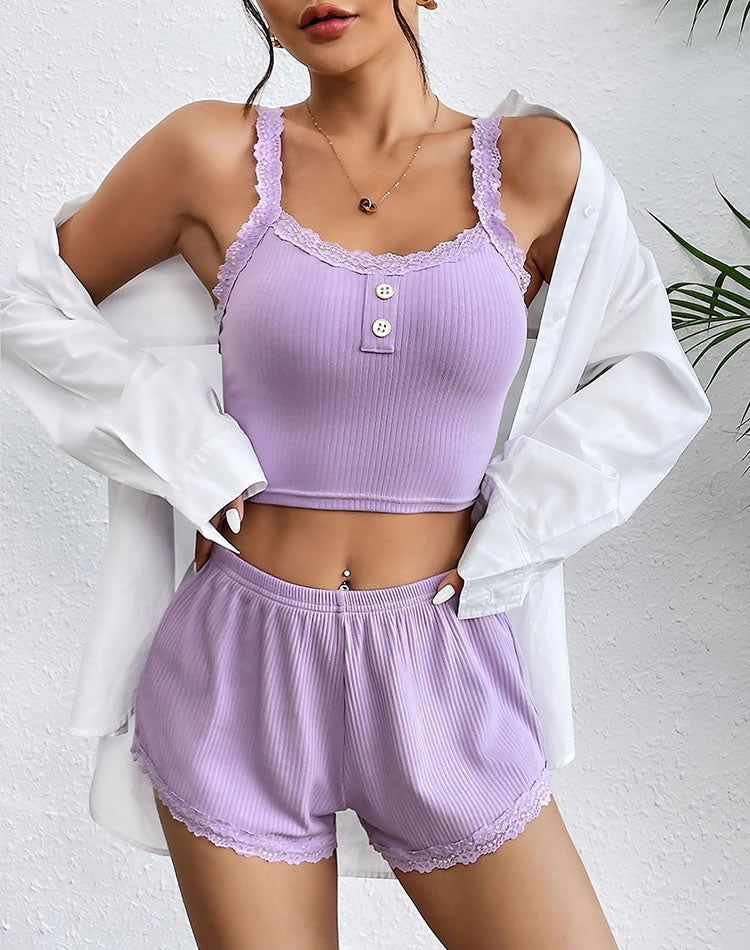 Women Soft Pajama Sets Sexy Lingerie Sleepwear Lace Cami Top with Pj Shorts 2 Piece Nightwear for Sleeping - Late Night Lingerie