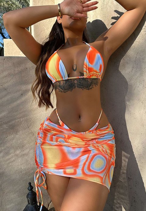 Women's 3packs Allover Print Bikini Set and Drawstring Side Cover Up Skirt - Late Night Lingerie
