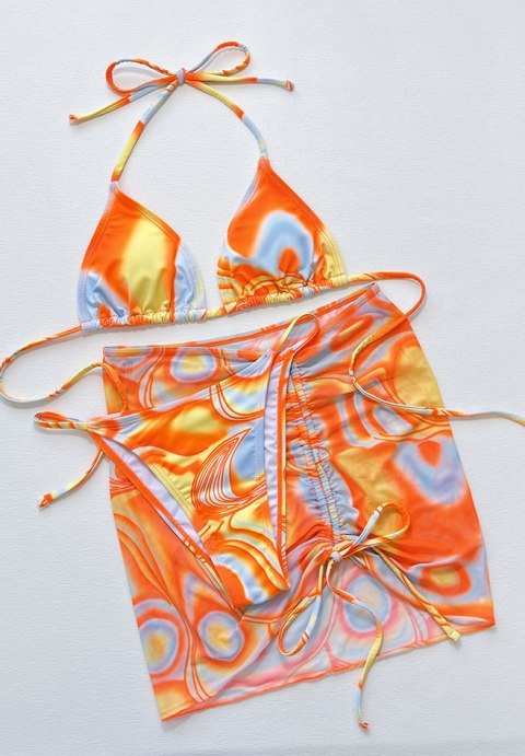 Women's 3packs Allover Print Bikini Set and Drawstring Side Cover Up Skirt - Late Night Lingerie