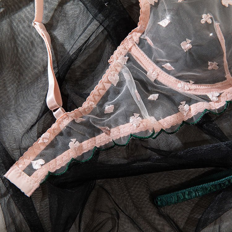Women's Embroidered Mesh Bralette And Triangle Panties Lingerie Set - Late Night Lingerie