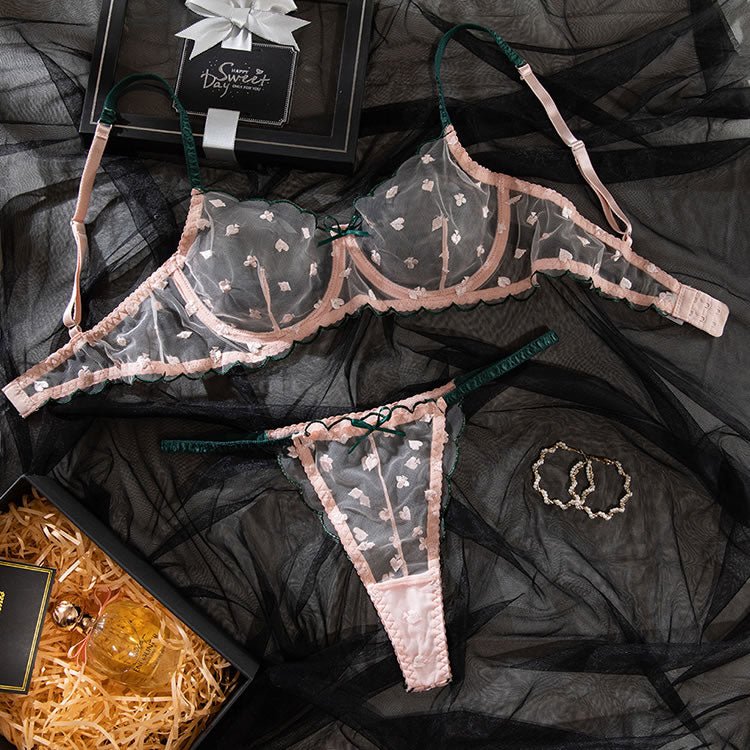Women's Embroidered Mesh Bralette And Triangle Panties Lingerie Set - Late Night Lingerie