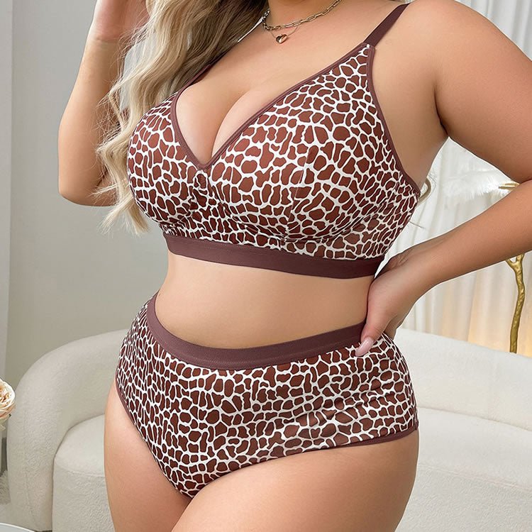 Women’s Plus Size Brown Animal Print Bra and Brief Set Soft Stretch High Waisted Lingerie - Late Night Lingerie