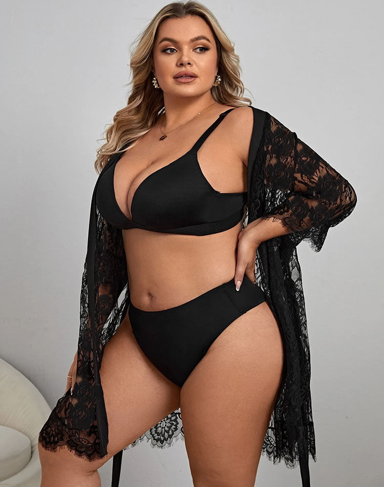 Plus Size Eyelash Lace Robe and G-String