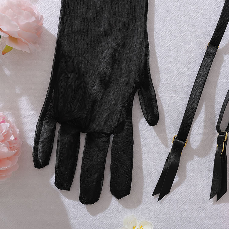 Black Lace Trim Teddy with Garters and Sheer Gloves