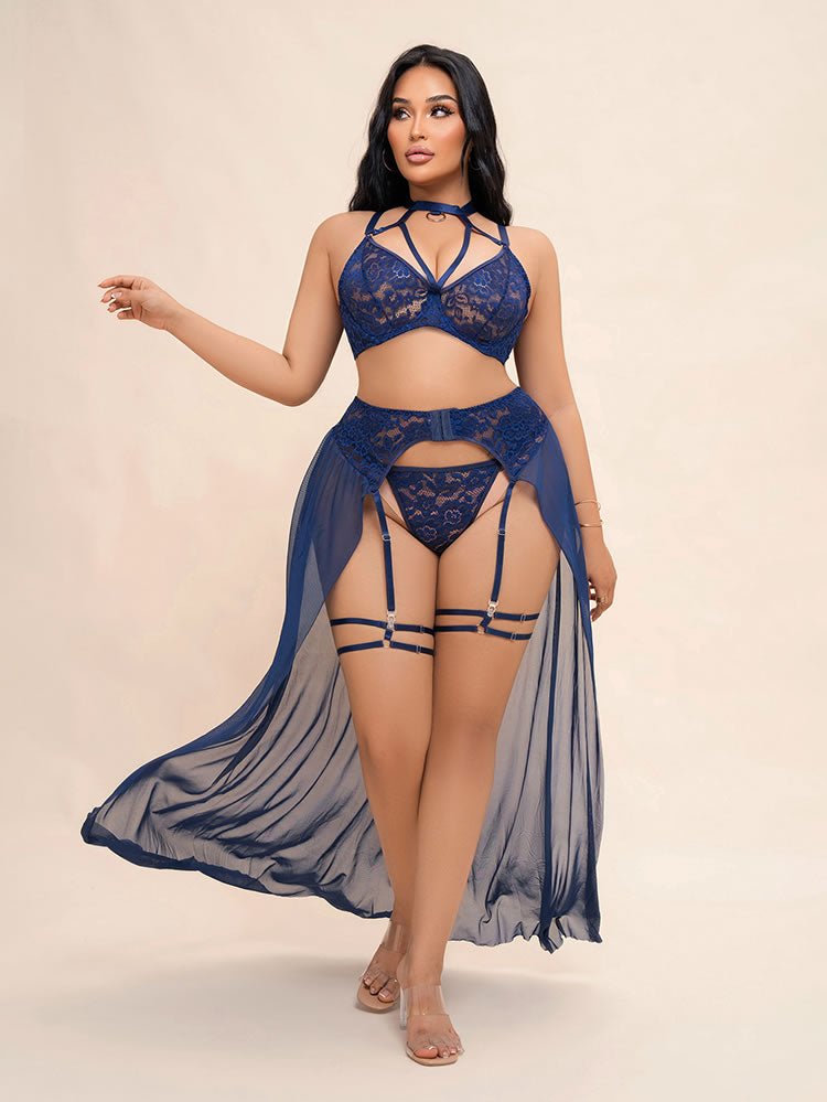 Plus Size Royal Blue Strappy Lingerie Set with Sheer Robe