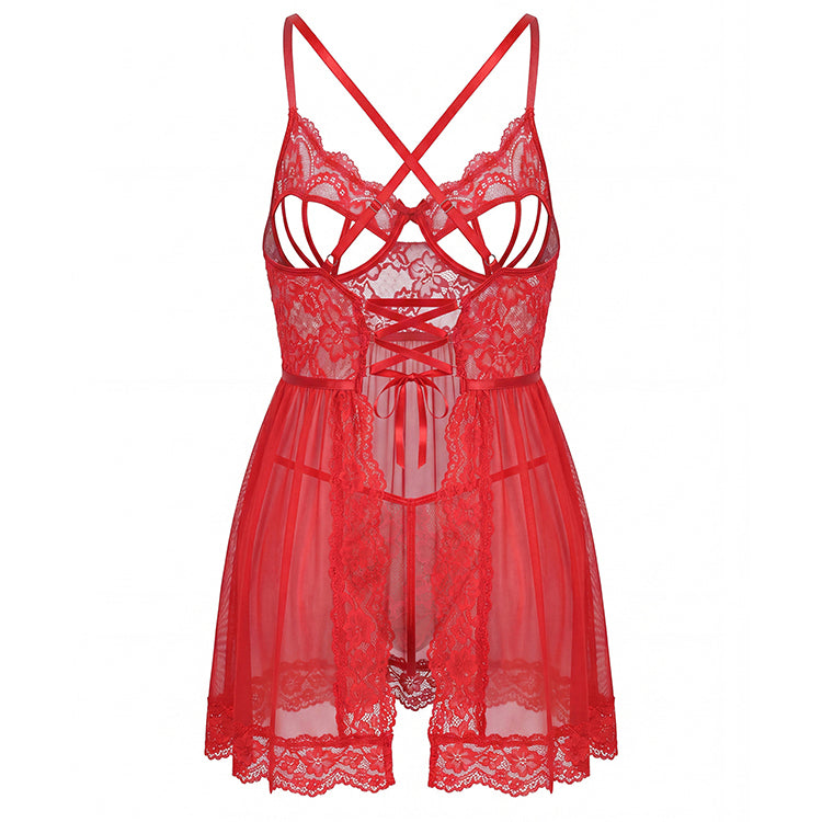 Plus Size Red Lace Chemise with Strappy Bust and Open Back