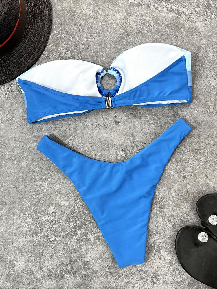 Colorblock Ring Linked Bikini Swimsuit
