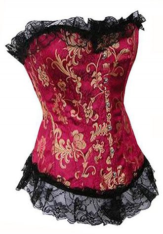 Red Floral Print Brocade Overbust Corset Bustier
