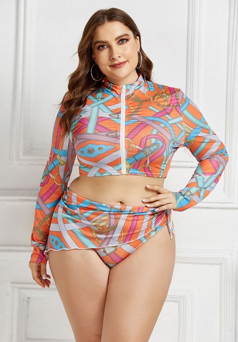 Front Zipper Print Three Pieces Tankinis - Late Night Lingerie