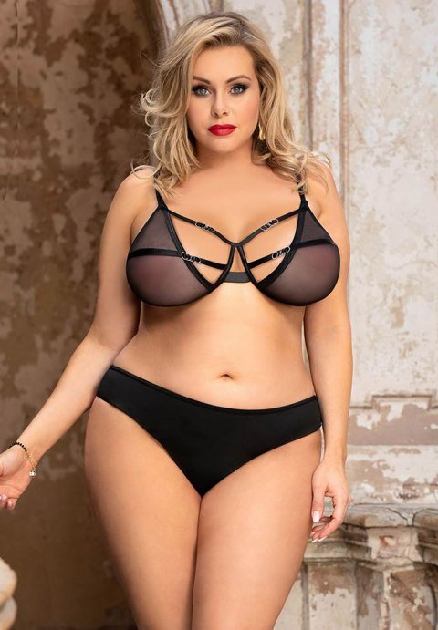 Plus Size Sheer Mesh Strappy Bra Set - Late Night Lingerie