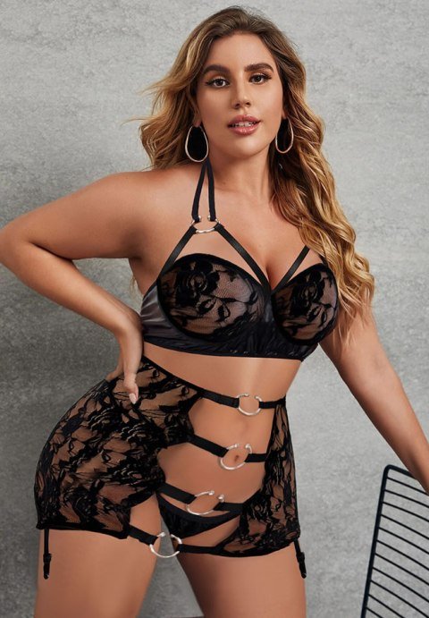 Plus Size Wet Look Garter Skirt Set - Late Night Lingerie