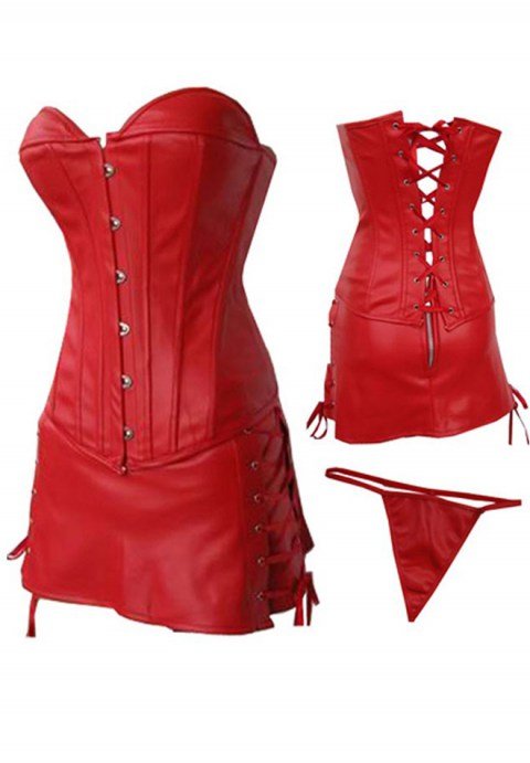 PVC Leather Long Line Bustier With Mini Skirt - Late Night Lingerie
