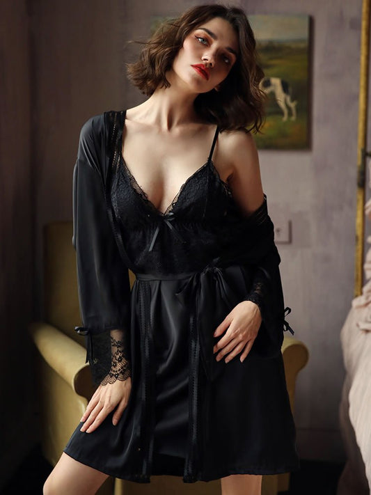 Satin Dreamy Lace Babydoll And Robe Set - Late Night Lingerie
